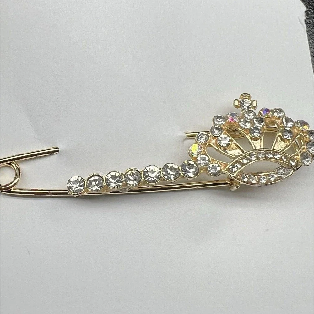 Gold Tone Princess Crown Safety Pin Brooch- Multi-colored Rhinestones